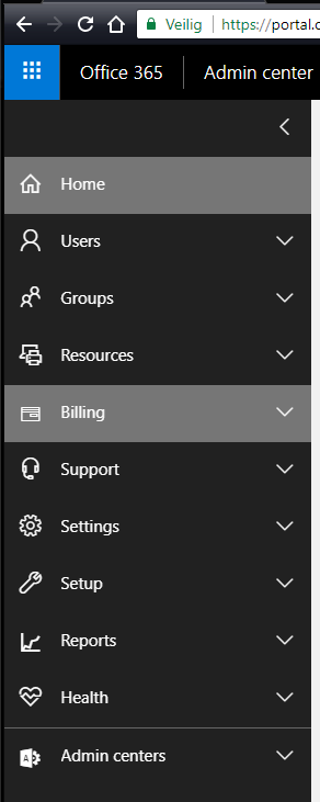 O365 admin menu