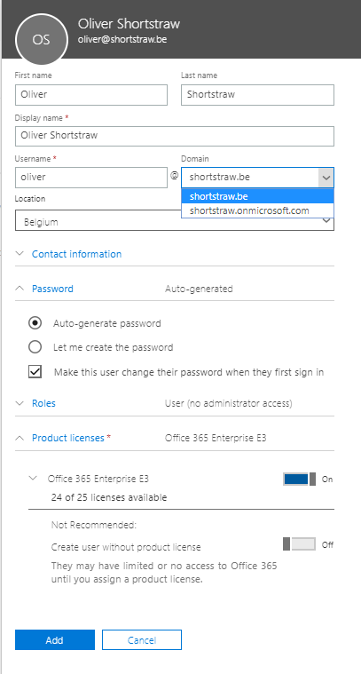 Creating a user in O365